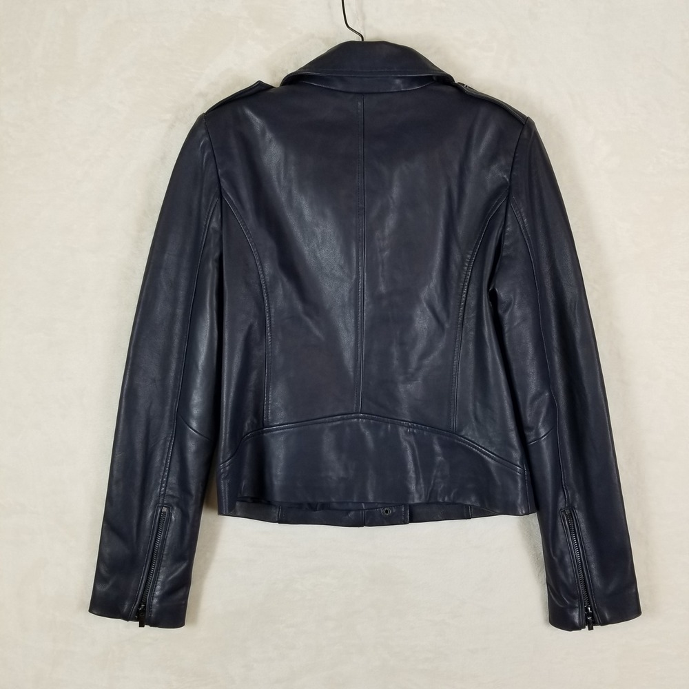 Badgley Mischka Leather‎ Moto Jacket Womens M Navy Blue Asymmetrical Zip Biker - Picture 4 of 11